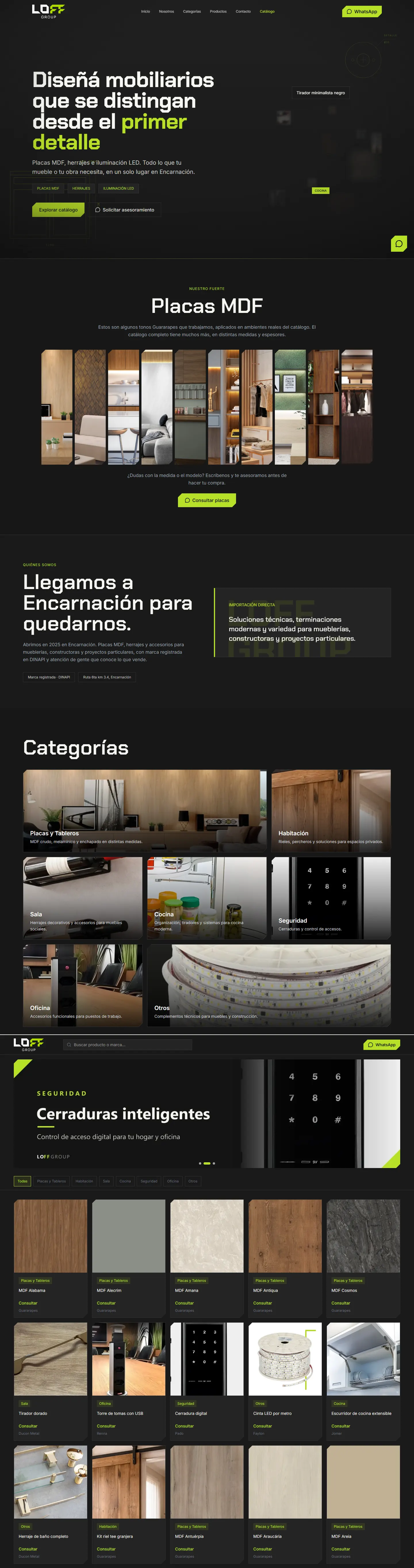 Recorrido por el sitio de LOFF Group: portada, muestrario de placas MDF y categorías por ambiente, y el catálogo con su buscador, los filtros por categoría y las fichas de producto.