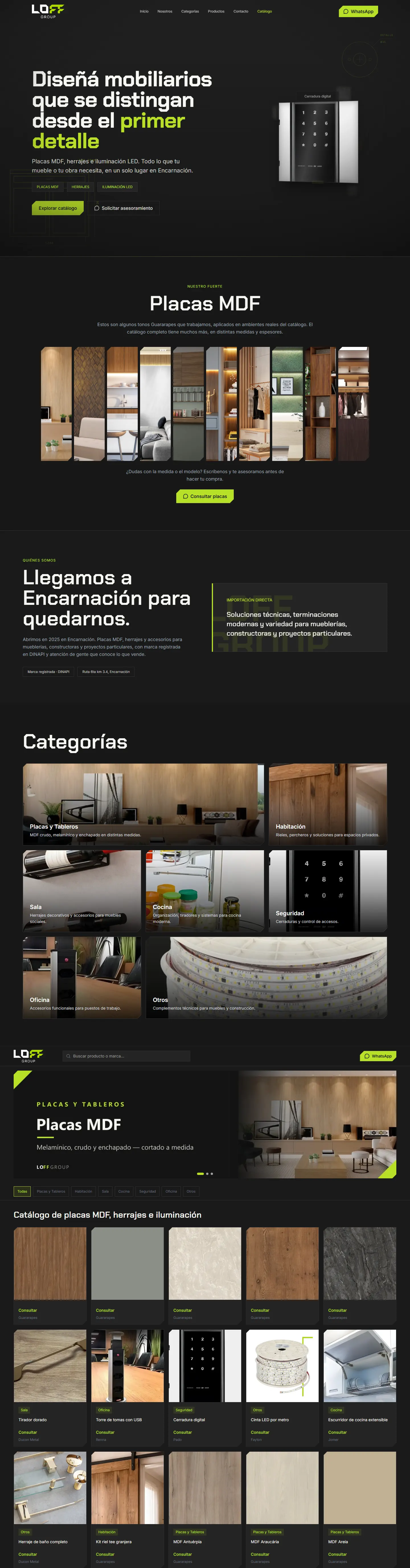 Recorrido por el sitio de LOFF Group: portada, muestrario de placas MDF y categorías por ambiente, y el catálogo con su buscador, los filtros por categoría y las fichas de producto.